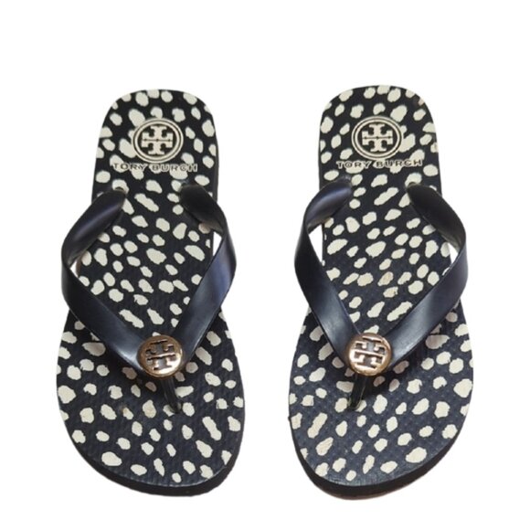Tory Burch Black White Polka Dot Flip Flops‎ Logo Thong Sandals Size 6 - Picture 1 of 2